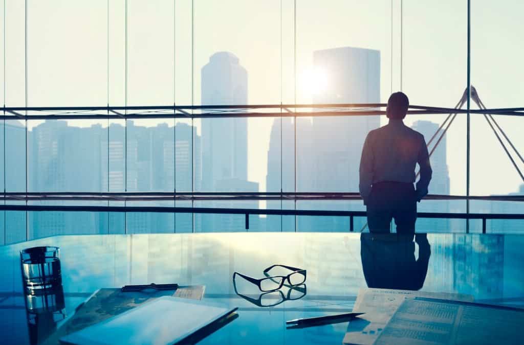 Business professional overlooking city skyline from modern office window.