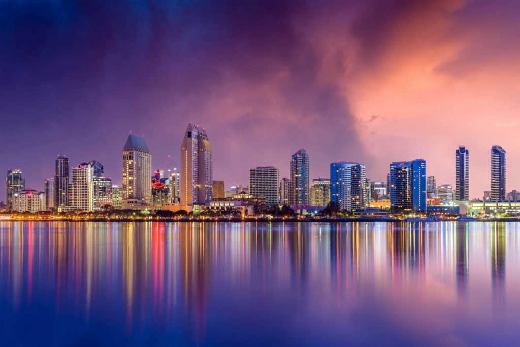 A skyline of modern high-rise buildings reflected on the water at sunset in a cityscape.