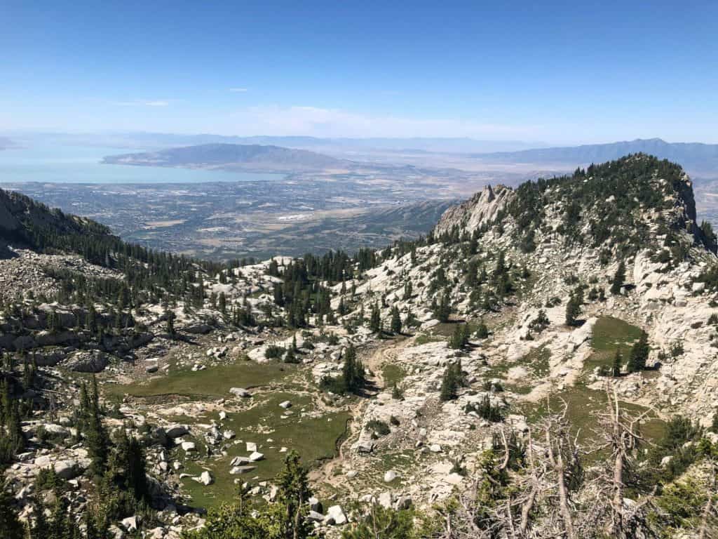 Mountain landscape with rocky slopes and pine trees overlooking a distant lake and valley.