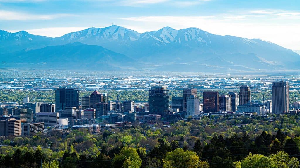 Downtown Salt Lake City skyline with Mount Timpanogos in the background.