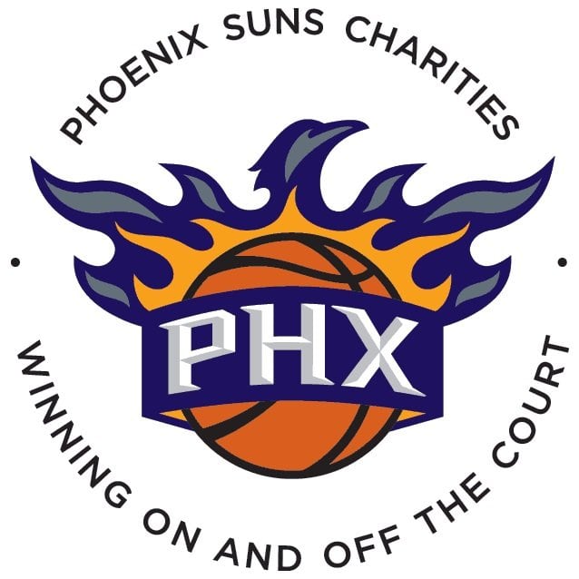 Phoenix Suns Charities logo with basketball and flames, promoting community support and court initia.