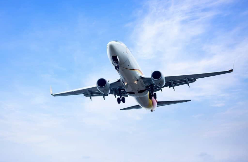 Airplane in flight, commercial aircraft flying high in the sky.