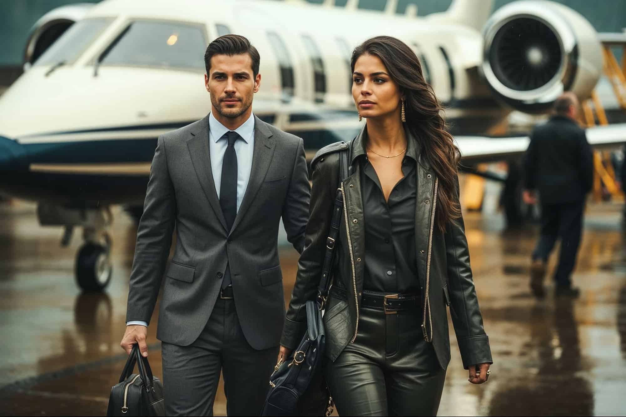 Private jet with a man and woman in business attire walking on tarmac.